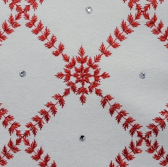 Enchanté Accessories White Red Embroidered Snowflakes Rhinestones Pompom Pillow - Picture 4 of 12